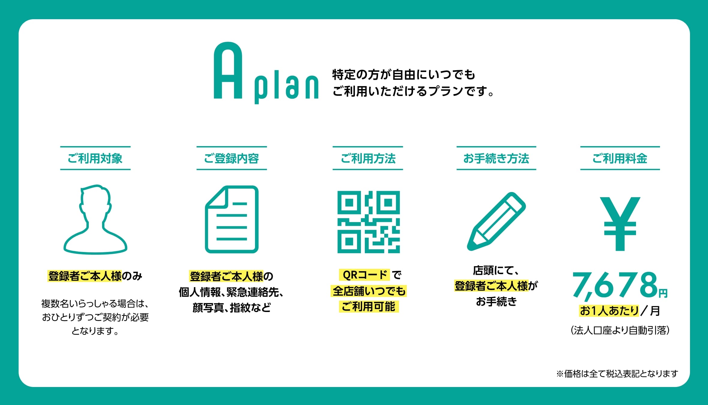Aプラン 特定の方が自由にいつでもご利用いただけるプランです。